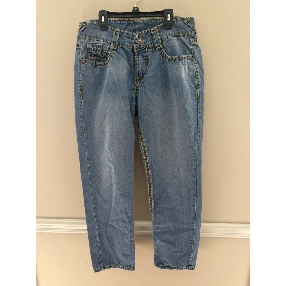 True Religion Jeans Men 34 Light Blue Big T Embroidered Straight Made in Vietnam